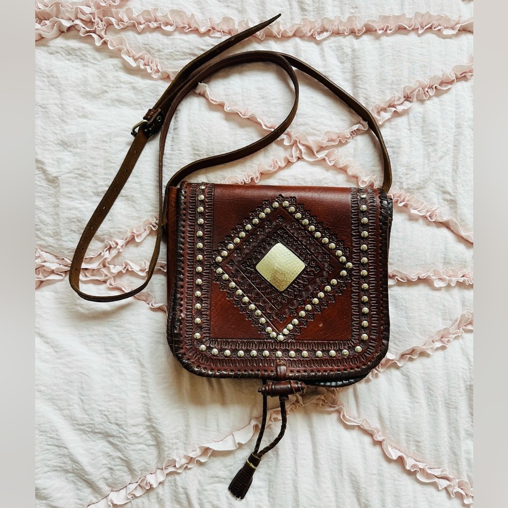 Vintage Boho Morocco Brown Leather Studded Hand Tooled Festival Crossbody Bag